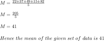 M=\frac{22+37+49+15+82}{5} \\ \\ M=\frac{205}{5} \\ \\ M=41\\ \\ Hence  \ the \  mean \  of \  the \  given \  set  \ of  \ data \  is  \ 41\\