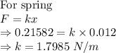 \text {For spring}\\F=kx\\\Rightarrow 0.21582=k\times 0.012\\\Rightarrow k=1.7985\ N/m\\