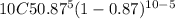 10C5  0.87^{5} (1-0.87) ^{10-5}