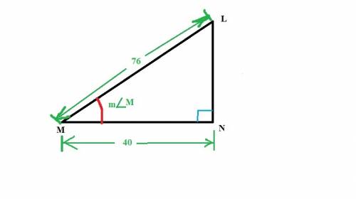 In `delta`lmn, `/_n` is a right angle, lm = 76, and mn = 40. what is m`/_m` ?  a. 28° b. 32° c. 40°