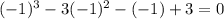 (-1)^3-3(-1)^2-(-1)+3=0