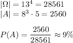 |\Omega|=13^4=28561\\ |A|=8^3\cdot5=2560\\\\ P(A)=\dfrac{2560}{28561}\approx9\%
