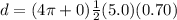 d = ( 4 \pi + 0 ) \frac{1}{2}(5.0)( 0.70 )