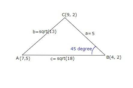 The vertices of a triangle are a(7, 5), b(4, 2), and c(9, 2). what is m`/_abc`?