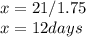 x = 21 / 1.75\\x = 12 days