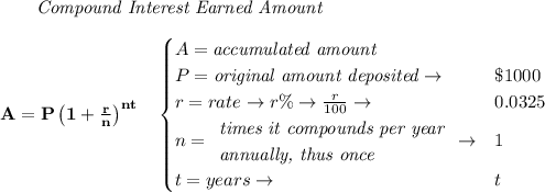 \bf ~~~~~~ \textit{Compound Interest Earned Amount} \\\\ A=P\left(1+\frac{r}{n}\right)^{nt} \quad  \begin{cases} A=\textit{accumulated amount}\\ P=\textit{original amount deposited}\to &\$1000\\ r=rate\to r\%\to \frac{r}{100}\to &0.0325\\ n= \begin{array}{llll} \textit{times it compounds per year}\\ \textit{annually, thus once} \end{array}\to &1\\ t=years\to &t \end{cases}