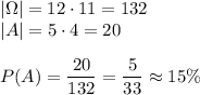 |\Omega|=12\cdot11=132\\ |A|=5\cdot4=20\\\\ P(A)=\dfrac{20}{132}=\dfrac{5}{33}\approx15\%