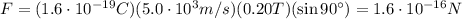 F=(1.6 \cdot 10^{-19}C)(5.0 \cdot 10^3 m/s)(0.20 T)(\sin 90^{\circ})=1.6 \cdot 10^{-16} N