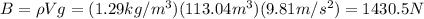 B=\rho V g=(1.29 kg/m^3)(113.04 m^3)(9.81 m/s^2)=1430.5 N