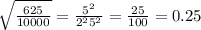 \sqrt{\frac{625}{10000}} = \frac{5^2}{2^25^2} = \frac{25}{100} = 0.25