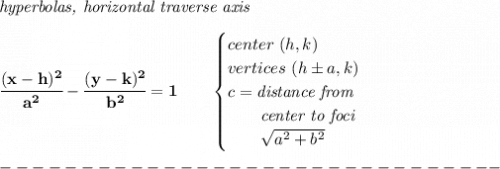 \bf \textit{hyperbolas, horizontal traverse axis } \\\\ \cfrac{(x- h)^2}{ a^2}-\cfrac{(y- k)^2}{ b^2}=1 \qquad  \begin{cases} center\ ( h, k)\\ vertices\ ( h\pm a,  k)\\ c=\textit{distance from}\\ \qquad \textit{center to foci}\\ \qquad \sqrt{ a ^2 + b ^2} \end{cases}\\\\ -------------------------------