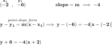 \bf (\stackrel{x_1}{-2}~,~\stackrel{y_1}{-6})\qquad &#10;\qquad \qquad slope =  m\implies -4&#10;\\\\\\&#10;% point-slope intercept&#10;\stackrel{\textit{point-slope form}}{y- y_1= m(x- x_1)}\implies y-(-6)=-4[x-(-2)]&#10;\\\\\\&#10;y+6=-4(x+2)