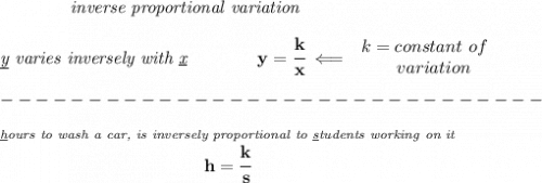 \bf \qquad \qquad \textit{inverse proportional variation}&#10;\\\\&#10;\textit{\underline{y} varies inversely with \underline{x}}\qquad \qquad  y=\cfrac{k}{x}\impliedby &#10;\begin{array}{llll}&#10;k=constant\ of\\&#10;\qquad  variation&#10;\end{array}\\\\&#10;-------------------------------\\\\&#10;\stackrel{\textit{\underline{h}ours to wash a car, is inversely proportional to \underline{s}tudents working on it}}{h=\cfrac{k}{s}}