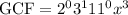 \textrm{GCF} = 2^0 3^1 11 ^0 x^3