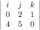 \left|\begin{array}{ccc}i&j&k\\0&2&1\\4&5&0\end{array}\right|