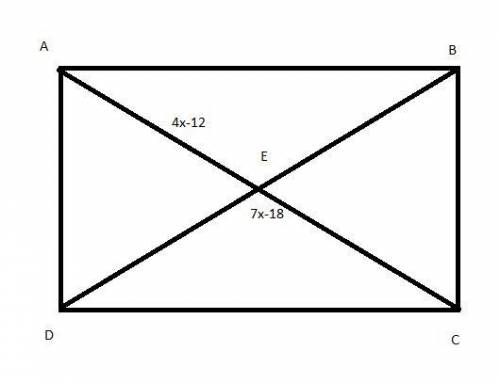 Quadrilateral abcd is a rectangle. the diagonals intersect at point e. if ae=4x−12 and db=7x−18 , fi