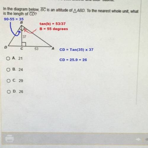 In the diagram below, bc is an altitude of abd. to the nearest whole unit, what is the length of cd?