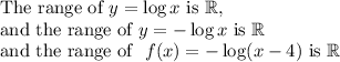 \text{The range of}\ y=\log x\ \text{is}\ \mathbb{R},\\ \text{and the range of}\ y=-\log x\ \text{is}\ \mathbb{R}\\\text{and the range of }\ f(x)=-\log(x-4)\ \text{is}\ \mathbb{R}