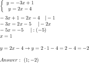 \left\{\begin{array}{ccc}y=-3x+1\\y=2x-4\end{array}\right\\\\-3x+1=2x-4\ \ \ |-1\\-3x=2x-5\ \ \ \ |-2x\\-5x=-5\ \ \ \ |:(-5)\\x=1\\\\y=2x-4\to y=2\cdot1-4=2-4=-2\\\\\ (1;-2)