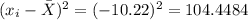 (x_i-\bar{X})^{2} =(-10.22)^{2}= 104.4484