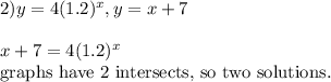 2) y = 4(1.2)^{x}, y = x+7&#10;\\ \\ x+7= 4(1.2)^{x}&#10;&#10;graphs have 2 intersects, so two solutions.