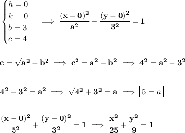 \bf \begin{cases}&#10;h=0\\&#10;k=0\\&#10;b=3\\&#10;c=4&#10;\end{cases}\implies \cfrac{(x- 0)^2}{ a^2}+\cfrac{(y- 0)^2}{ 3^2}=1&#10;\\\\\\&#10;c=\sqrt{ a ^2- b ^2}\implies c^2=a^2-b^2\implies 4^2=a^2-3^2&#10;\\\\\\&#10;4^2+3^2=a^2\implies \sqrt{4^2+3^2}=a\implies \boxed{5=a}&#10;\\\\\\&#10;\cfrac{(x- 0)^2}{ 5^2}+\cfrac{(y- 0)^2}{ 3^2}=1\implies \cfrac{x^2}{25}+\cfrac{y^2}{9}=1