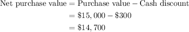 \begin{aligned}\text{Net purchase value}&=\text{Purchase value}-\text{Cash discount}\\&=\$ 15,000-\$300\\&=\$14,700\end{aligned}