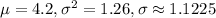 \mu=4.2,\sigma^2=1.26,\sigma\approx1.1225