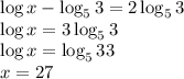 \log x -\log_5 3 = 2\log_5 3\\\log x = 3\log_5 3\\\log x = \log_5 33\\x = 27