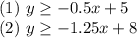 (1) \ y  \geq  -0.5x+5 \\ (2) \ y  \geq  -1.25x+8