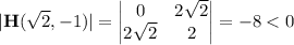 |\mathbf H(\sqrt2,-1)|=\begin{vmatrix}0&2\sqrt2\\2\sqrt2&2\end{vmatrix}=-8
