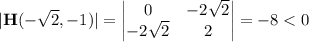 |\mathbf H(-\sqrt2,-1)|=\begin{vmatrix}0&-2\sqrt2\\-2\sqrt2&2\end{vmatrix}=-8