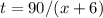 t = 90 / (x + 6)&#10;