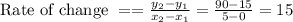 \text{Rate of change }==\frac{y_2-y_1}{x_2-x_1}=\frac{90-15}{5-0}=15