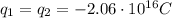 q_1=q_2=-2.06 \cdot 10^{16}C