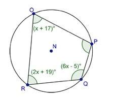 Quadrilateral opqr is inscribed in circle n as shown below. what is the measure of ∠pqr?