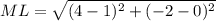 ML= \sqrt{&#10;(4-1)^{2} + (-2-0)^{2} }