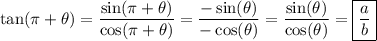 \tan(\pi+\theta)=\dfrac{\sin(\pi+\theta)}{\cos(\pi+\theta)}=\dfrac{-\sin(\theta)}{-\cos(\theta)}=\dfrac{\sin(\theta)}{\cos(\theta)}=\boxed{\dfrac{a}{b}}