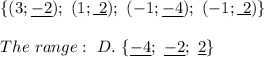 \{(3;\underline{-2});\ (1;\underline{\ 2});\ (-1;\underline{-4});\ (-1;\underline{\ 2})\}\\\\The\ range:\ D.\ \{\underline{-4};\ \underline{-2};\ \underline{2} \}