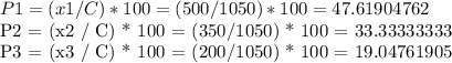 P1 = (x1 / C) * 100 = (500/1050) * 100 = 47.61904762&#10;&#10;P2 = (x2 / C) * 100 = (350/1050) * 100 = 33.33333333&#10;&#10;P3 = (x3 / C) * 100 = (200/1050) * 100 = 19.04761905