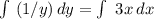 \int\ ({1/y}) \, dy =  \int\ {3x} \, dx