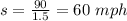 s=\frac{90}{1.5}=60\ mph