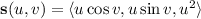 \mathbf s(u,v)=\langle u\cos v,u\sin v,u^2\rangle