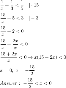 \dfrac{1}{x}+\dfrac{1}{3} < \dfrac{1}{5}\ \ \ |\cdot15\\\\\dfrac{15}{x}+5 < 3\ \ \ |-3\\\\\dfrac{15}{x}+2 < 0\\\\\dfrac{15}{x}+\dfrac{2x}{x} < 0\\\\\dfrac{15+2x}{x} < 0\to x(15+2x) < 0\\\\x=0;\ x=-\dfrac{15}{2}\\\\\ -\dfrac{15}{2} < x < 0