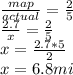 \frac{map}{actual} = \frac{2}{5} \\ \frac{2.7}{x} = \frac{2}{5} \\ x = \frac{2.7*5}{2} \\ x = 6.8 mi