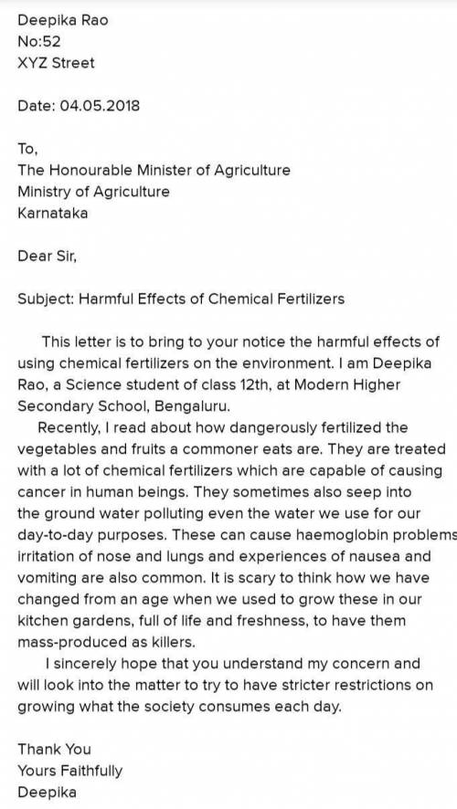Write a letter to the agriculture minister telling him how the chemical use of fertilizers is harmfu