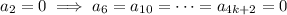 a_2=0\implies a_6=a_{10}=\cdots=a_{4k+2}=0