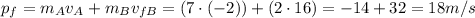 p_f = m_A v_{A} + m_B v_{fB} = (7\cdot (-2))+(2 \cdot 16)=-14+32=18 m/s