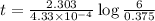 t=\frac{2.303}{4.33\times 10^{-4}}\log\frac{6}{0.375}