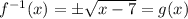 f^{-1}(x)=\pm\sqrt{x-7}=g(x)